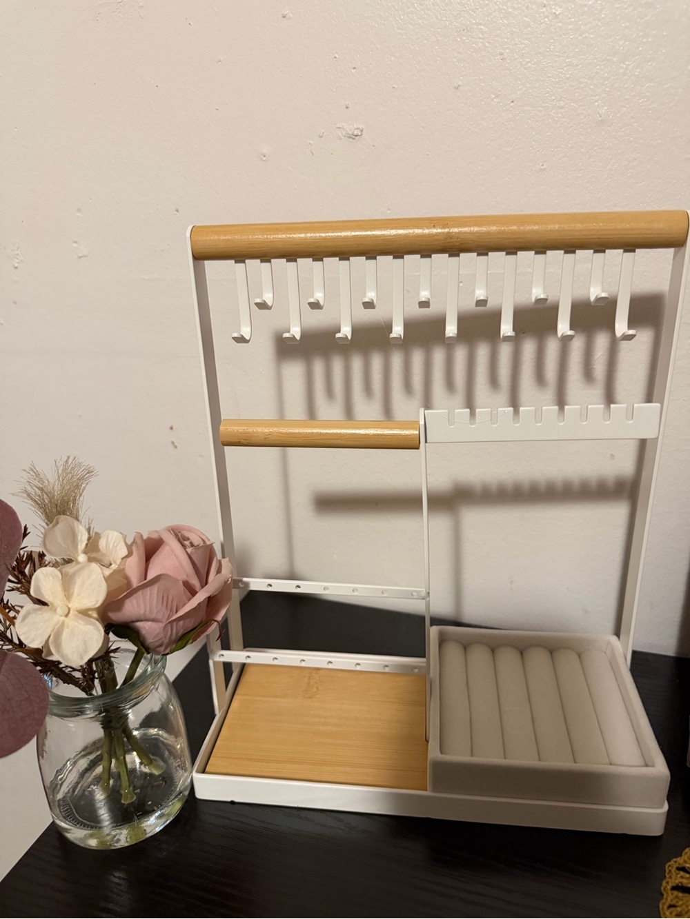 White & Natural Wood Jewelry Organizer with Earring Hooks and Ring Roll